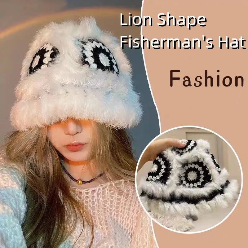 Stylish Crochet Bucket Hat Waking Lion Hat Women Winter Rabbit Fur Warm Cute Plush Cap Big Head Casual Knitted Fisherman's Caps