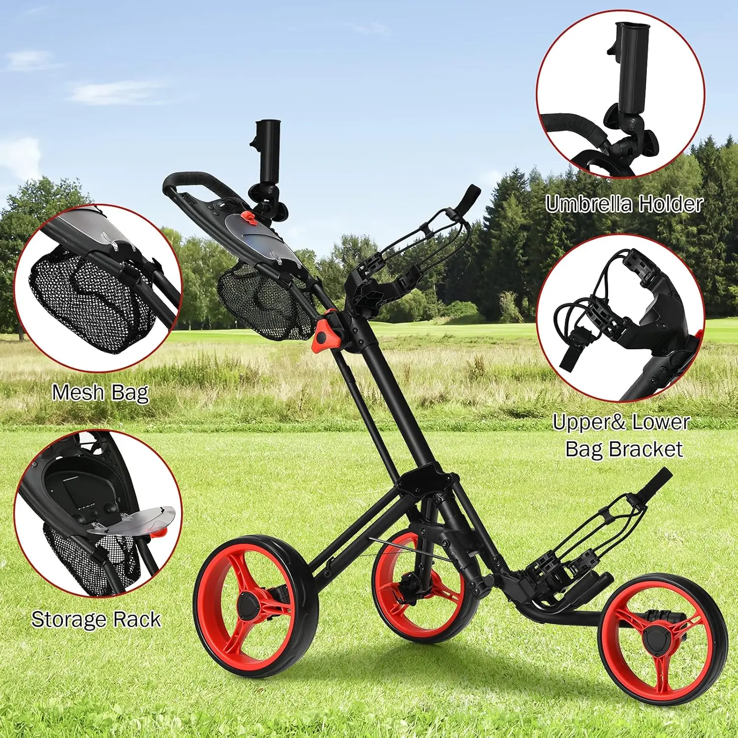 Folding Golf Push Cart, 3 Wheel Height Adjustable Lightweight Golf Push Trolley W/Umbrella Holder & Mesh Bag, Quick Open Fold Go