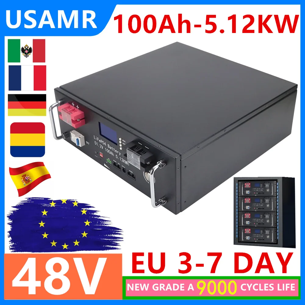 

48V 100Ah LiFePo4 Battery Pack Bulit-in BMS 51.2V 5.12kw Lithium Ion Battery 9000+ Cycles for Home RV Solar Off-Grid Duty Free