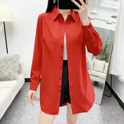 Spring Summer Women Shirt Oversize Elegant Blouses for Women Long Sleeve Red Shirt Mid-length Shir Coat Women Tunic NS5566