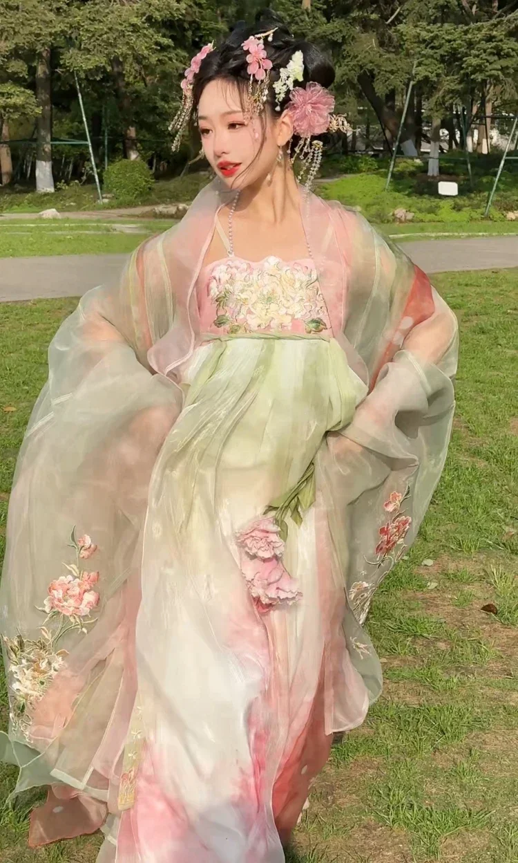 Chinese Hanfu Dress Women's Peony Flower Embroidery Large Sleeve Shirt Gods Tang Dynasty Spring Summer 2024 Vintage Hanfu Sets