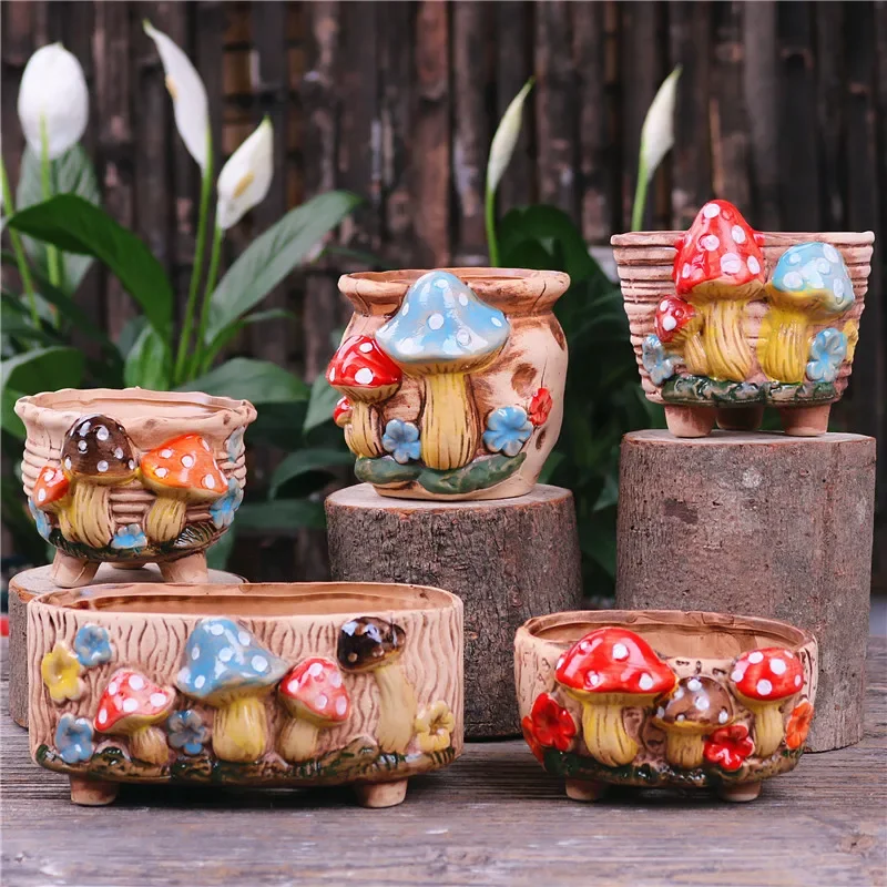 Fairy Garden Personality Mushroom Stoneware Succulent Flower Pot Living Room Decoration Planter Vintage Handicrafts Bonsai Pots