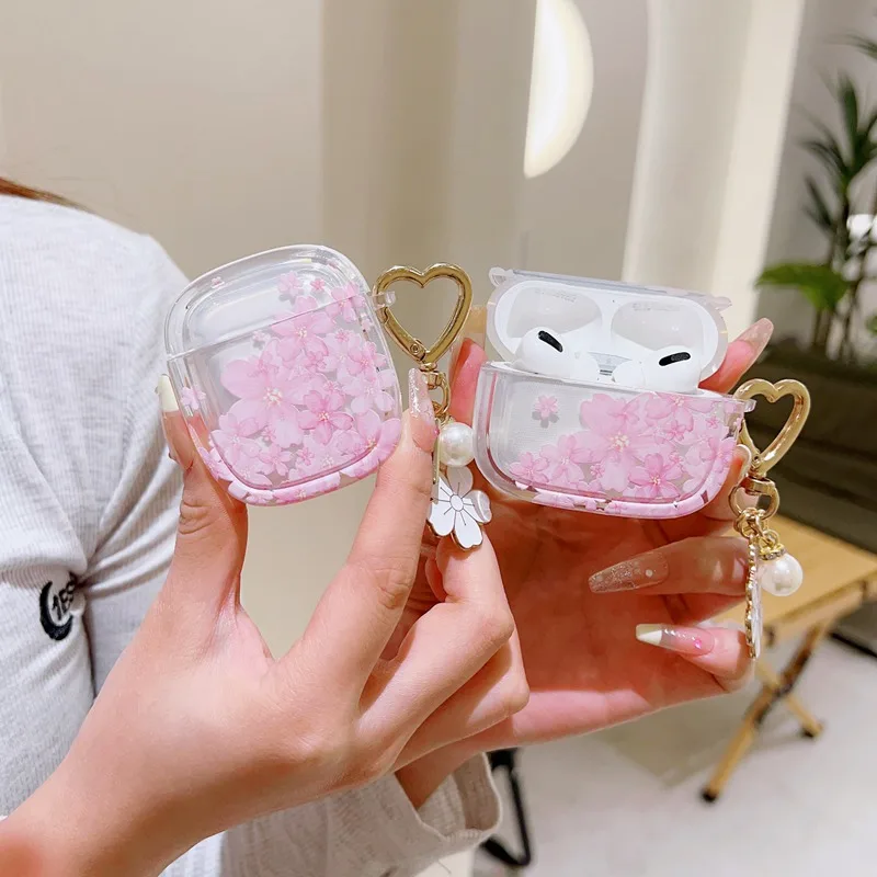 

Pink Cherry Blossoms Flower Earphone Case For Airpods Pro 2nd Generation Air Pods 1 2 3 Soft TPU Cover With Pearl Pendant Case