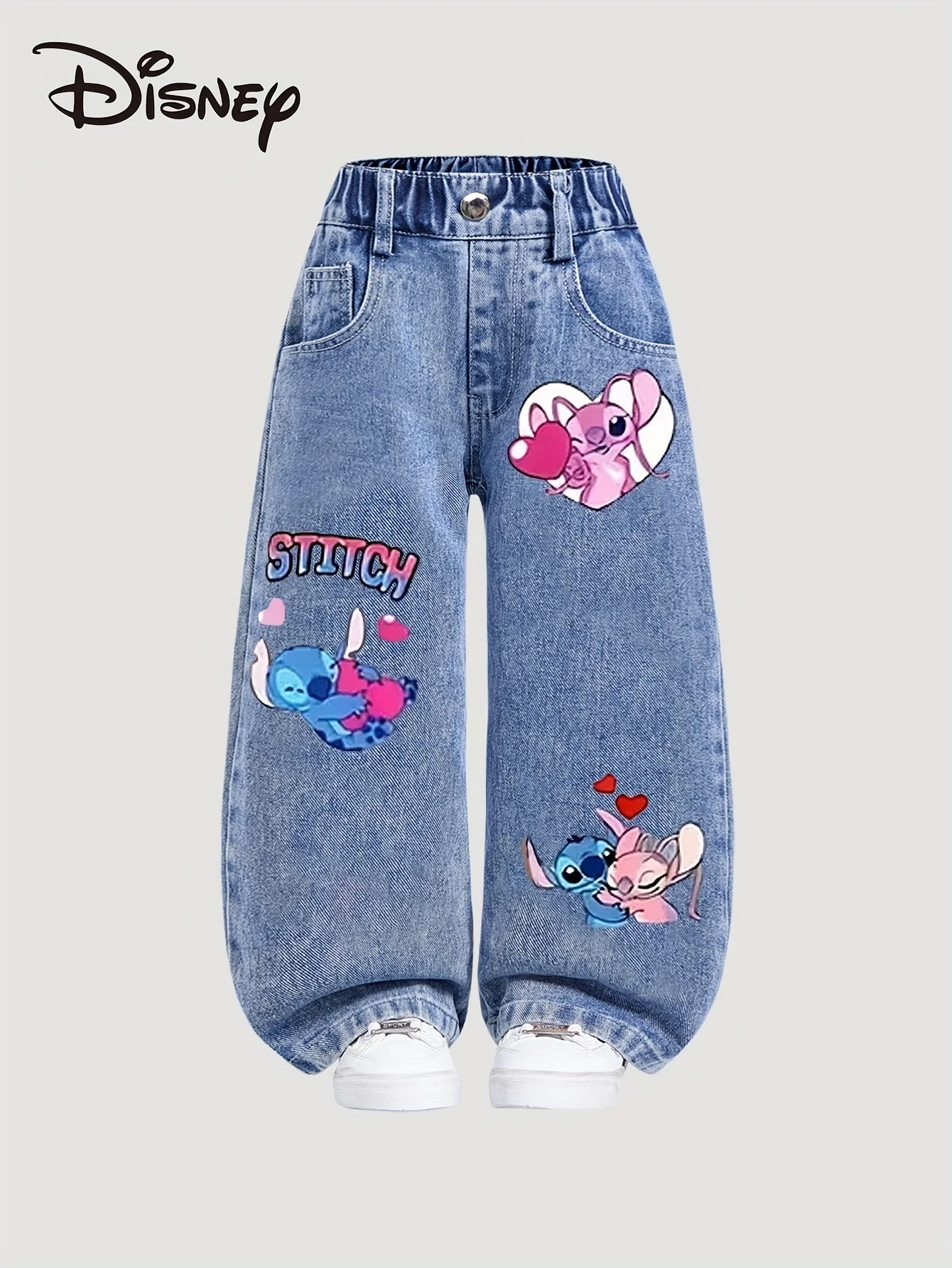 

Disney Stitch Y2K Style Loose Straight Leg Jeans Girls Comfortable Year-Round Pants Full Elastic Waist Front Back Pockets