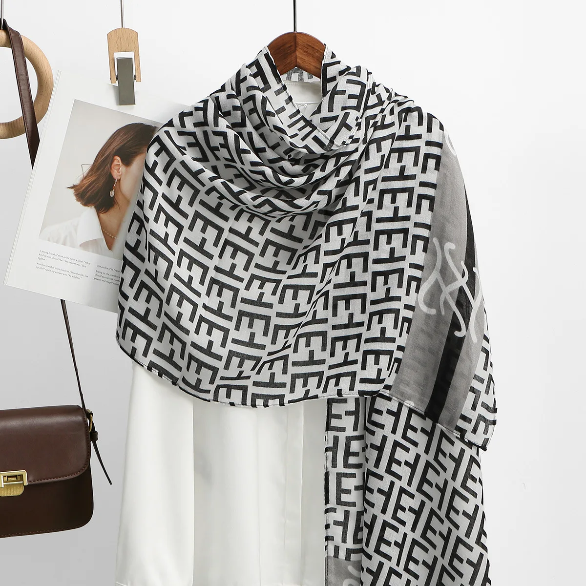 Trendy Korean New Black Letter Print Long Silk Scarf for Women, High Quality Elegant 2-in-1 Shawl Wrap
