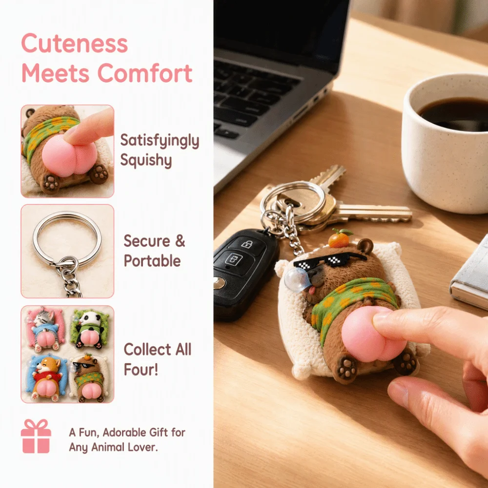 2D Animal Keychain Soft Rubber Cute Animal Shape Stress Relief Keychain Cat Panda Corgi Capybara Style Squeezable