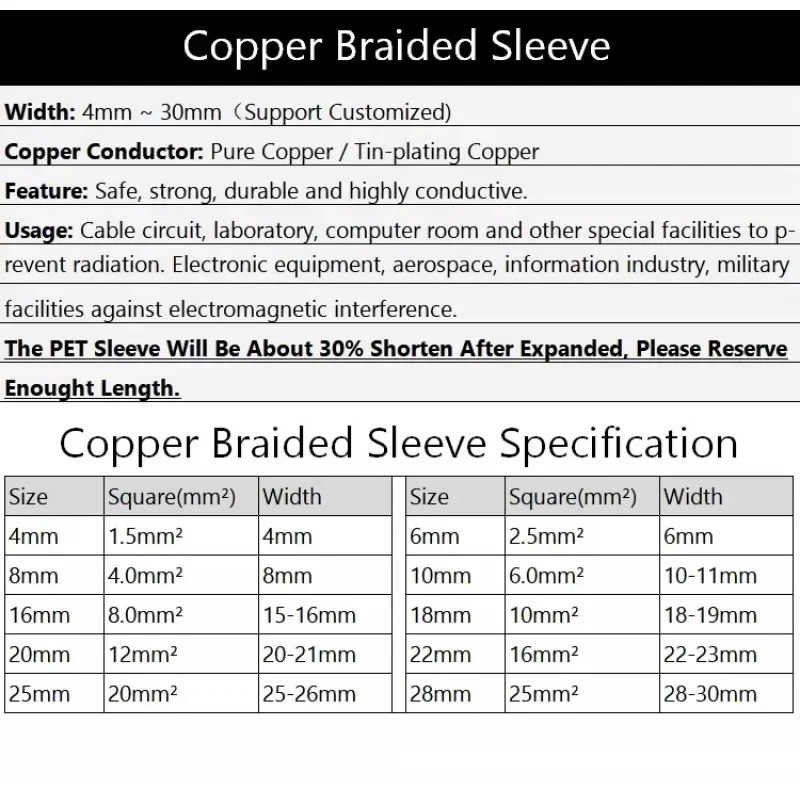 Pure Copper Plated Braided Sleeve 1 2 5M Length 2mm to 40mm Expandable Cable Signal Wire Shielded Metal Sheath