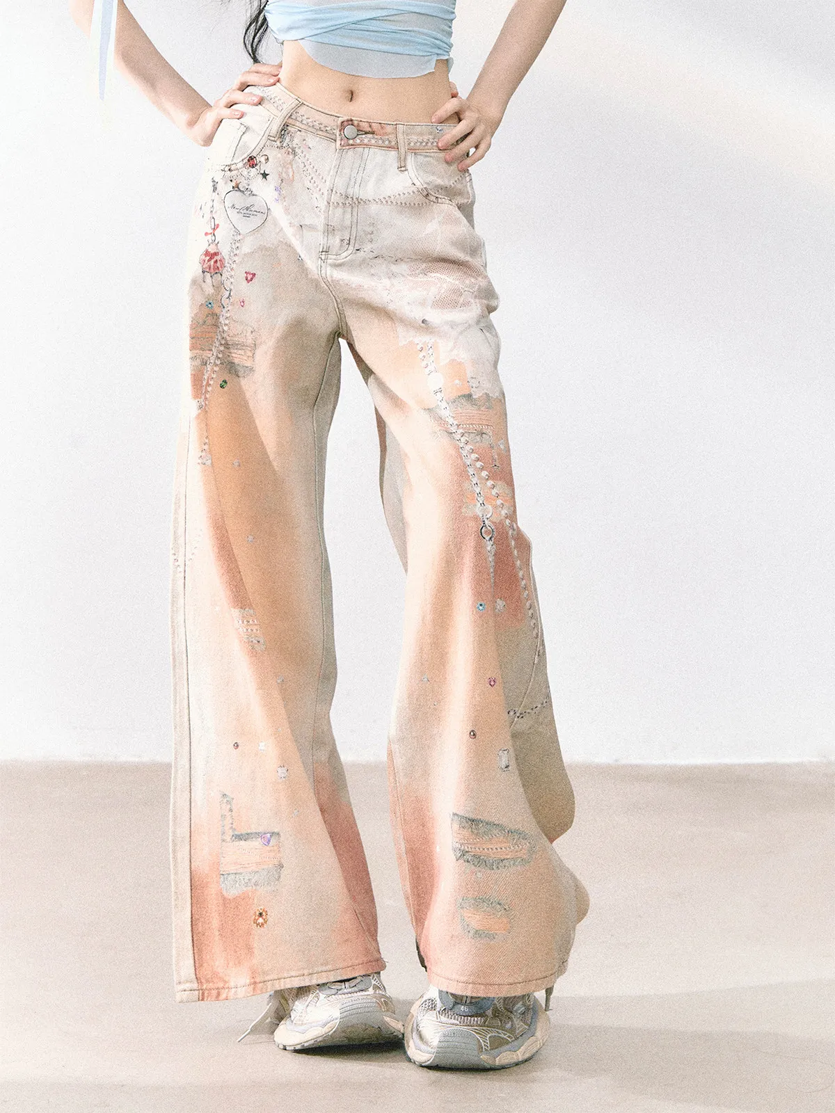 

Американские свободные прямые джинсы High Street, женские летние широкие брюки, длинные брюки с высокой талией, полиэфирная ткань