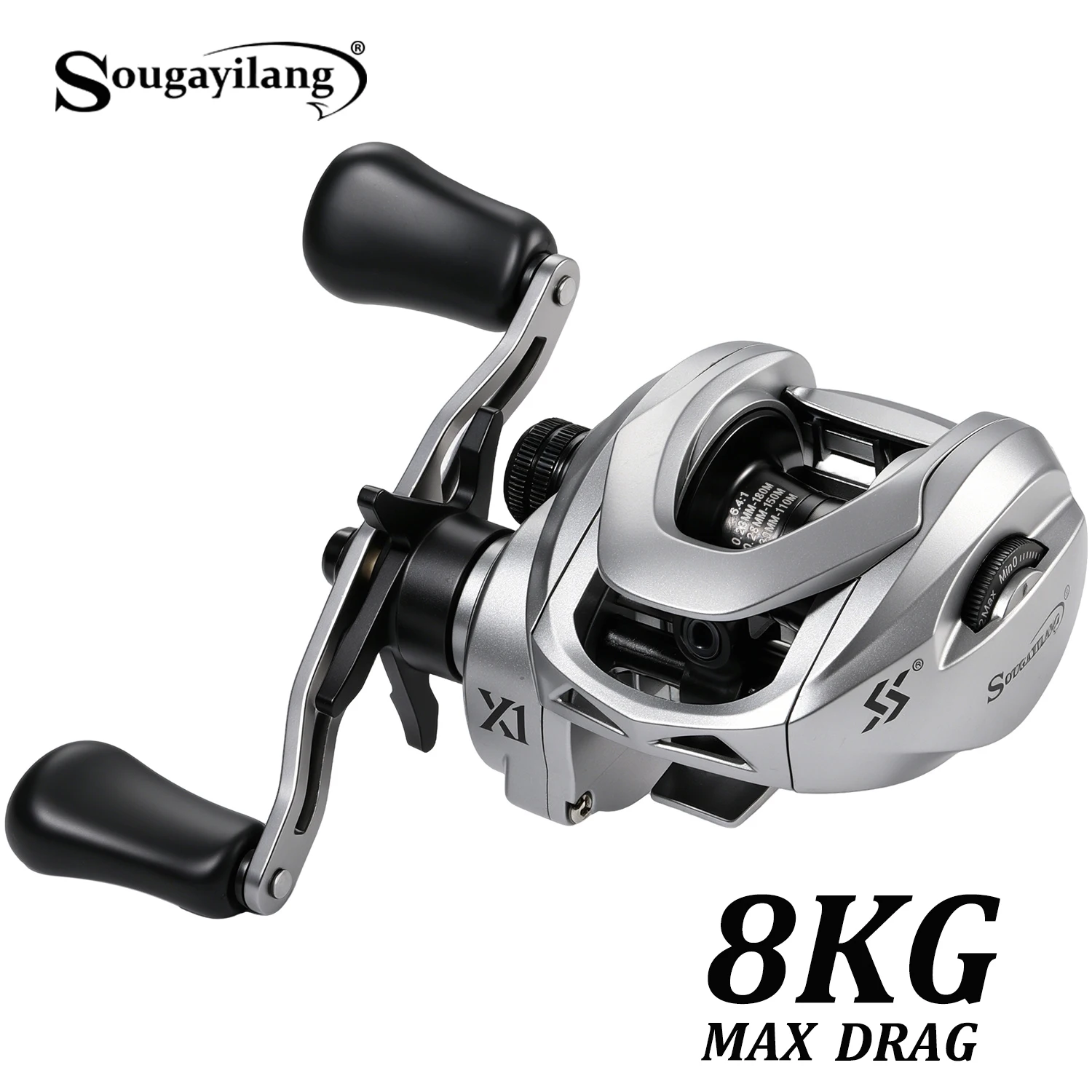 Moulinet de pêche Sougayilang X1 Baitcasting, rapport de transmission 6.4:1, résistance maximale 8KG, 3+1BB, bobine en aluminium CNC, frein magnétique