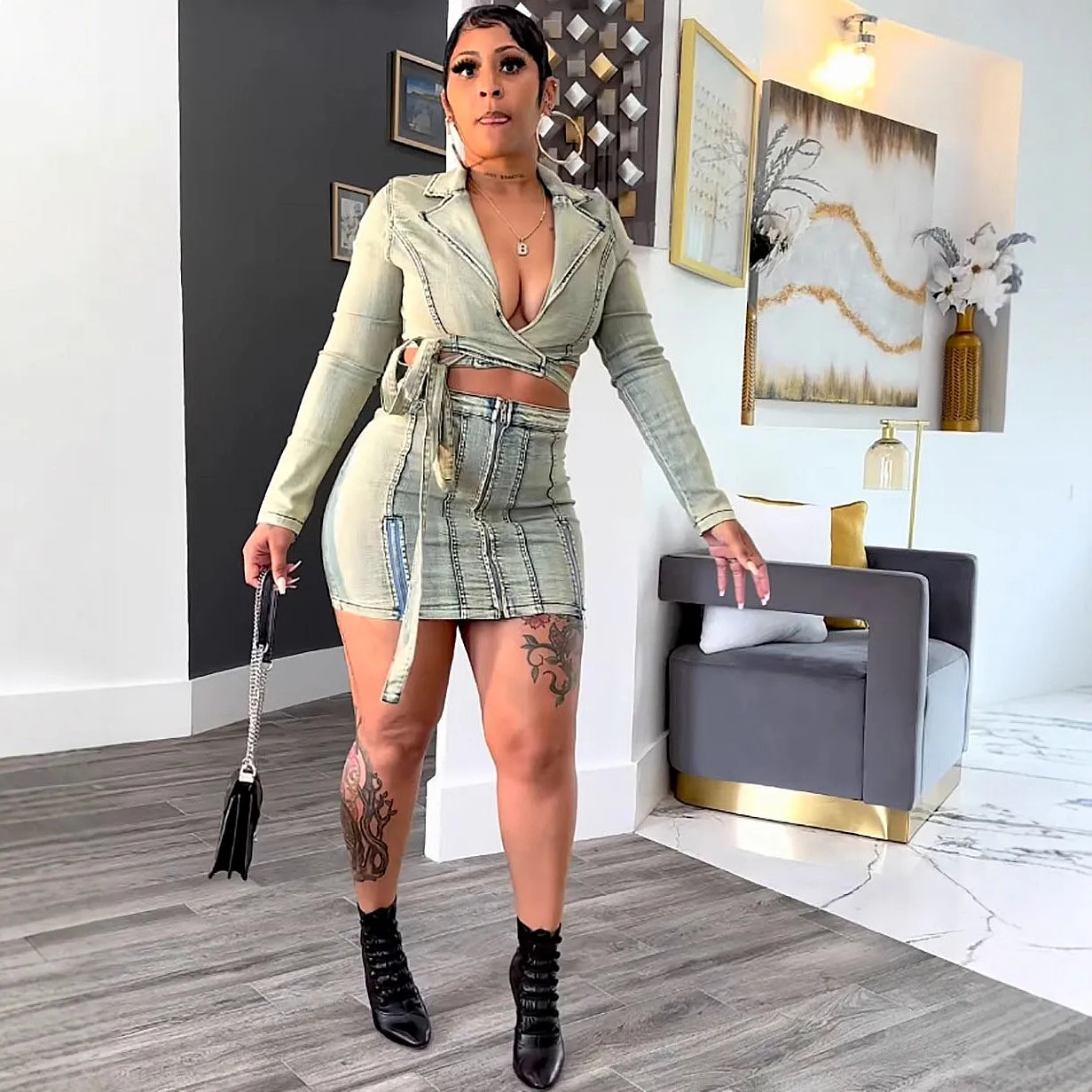 

Sexy Zipper Tie Long Sleeve Bodycon Denim Skirts Women's Fashion Pencil Mini Skirt