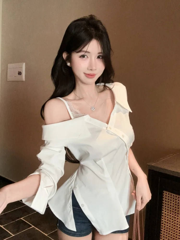 

Sexy Lace Asymmetrical Shoulder Shirt Women's Summer Pure Desire Spicy Girl Sexy One-Shoulder Top Sunscreen Shirt Commute Style