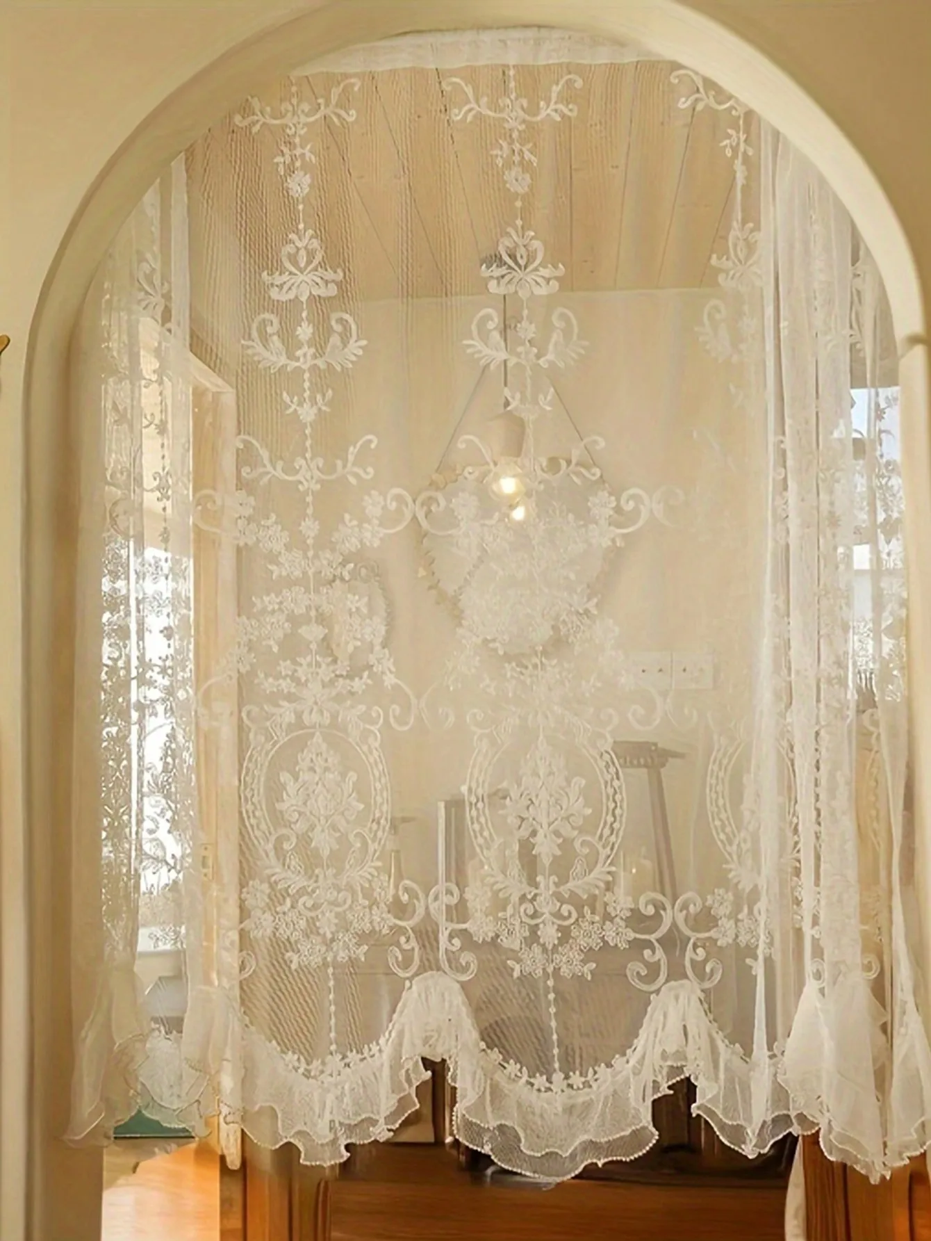 1Pc French Vintage Pearl Trimmed Embroidered Curtain Classical Style Door Drape for Home Decor
