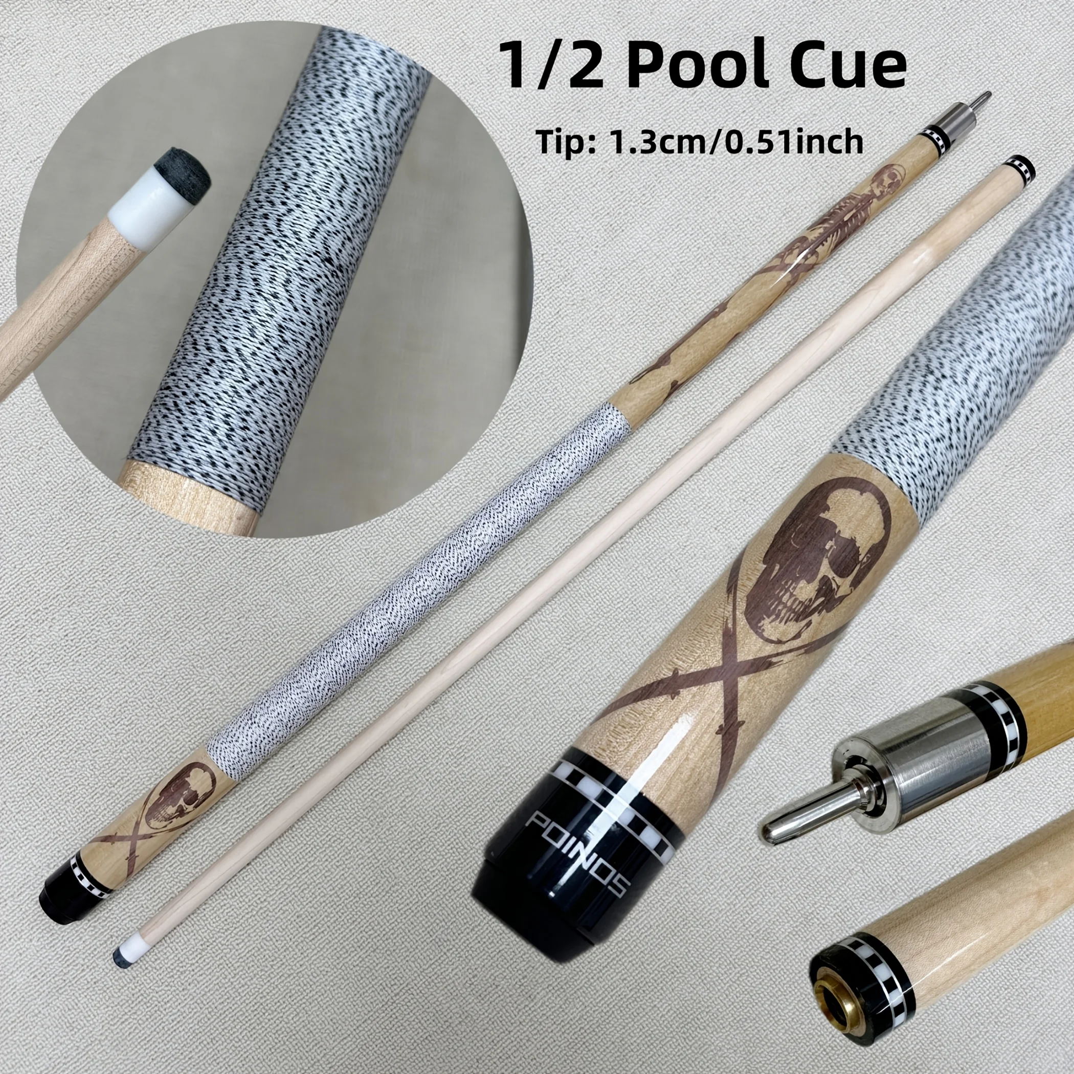 Maple Shaft 2-Piece Billiard Cue Stick, Fast 3-Tooth Joint, Thin Thread Wrapped Anti-Slip Handle, 13mm 0.51in Cue Tip
