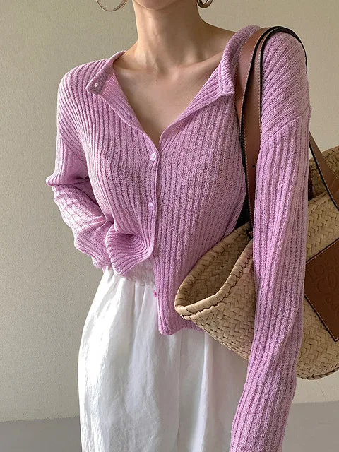 

Chic Early Autumn Pure Color Versatile round Ne Single Button Pleated Slimming Thin Long Sve Ice Silk Knitted Sweater