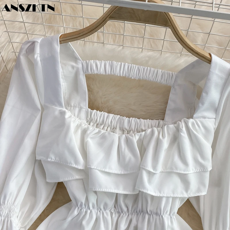 ANSZKTN fall French Pleat puff sleeve Square Collar Waist retraction Show thin crop backless tops for women