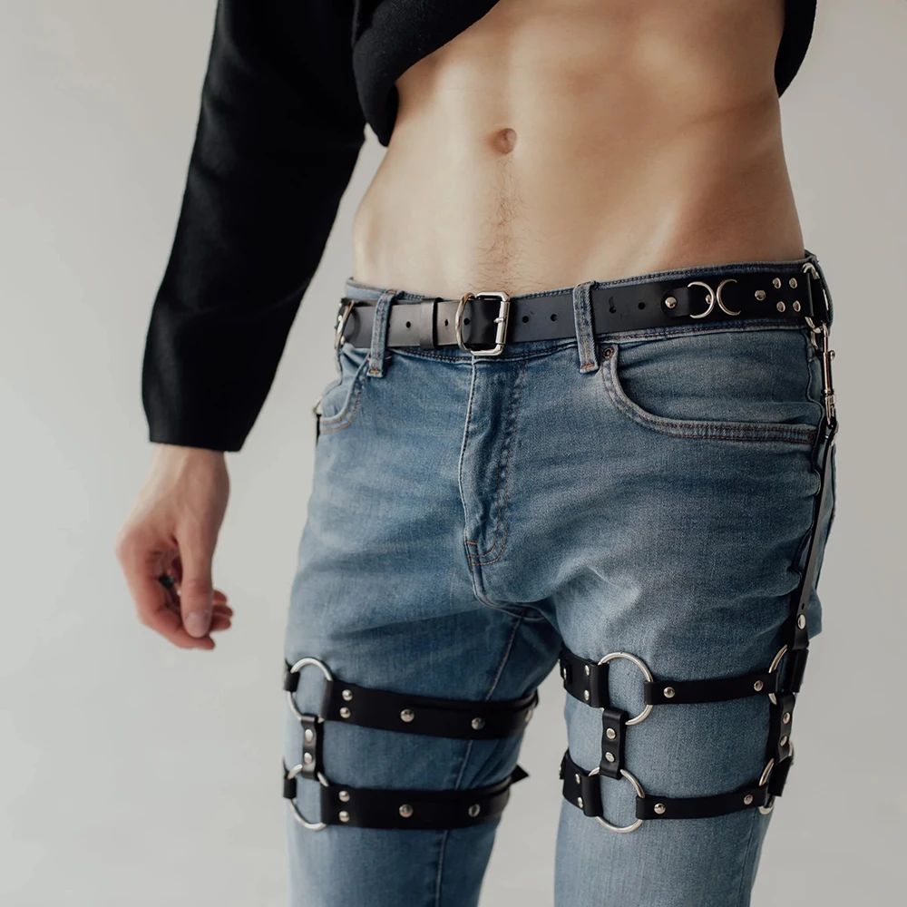 Sexy Suspenders Fashion Gothic Men Leg Bondage Restraint Fetish PU Leather Jeans Accessories Harness Gay Clubwear Sissy Clothing