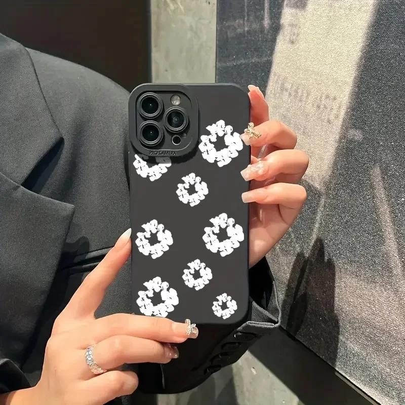 Case For iPhone 16 Cases iPhone 15 11 12 13 14 Pro Max X XS XR 7 8 16E 15 Plus Black Stylish Flower Patterned Design Phone Cover image 4