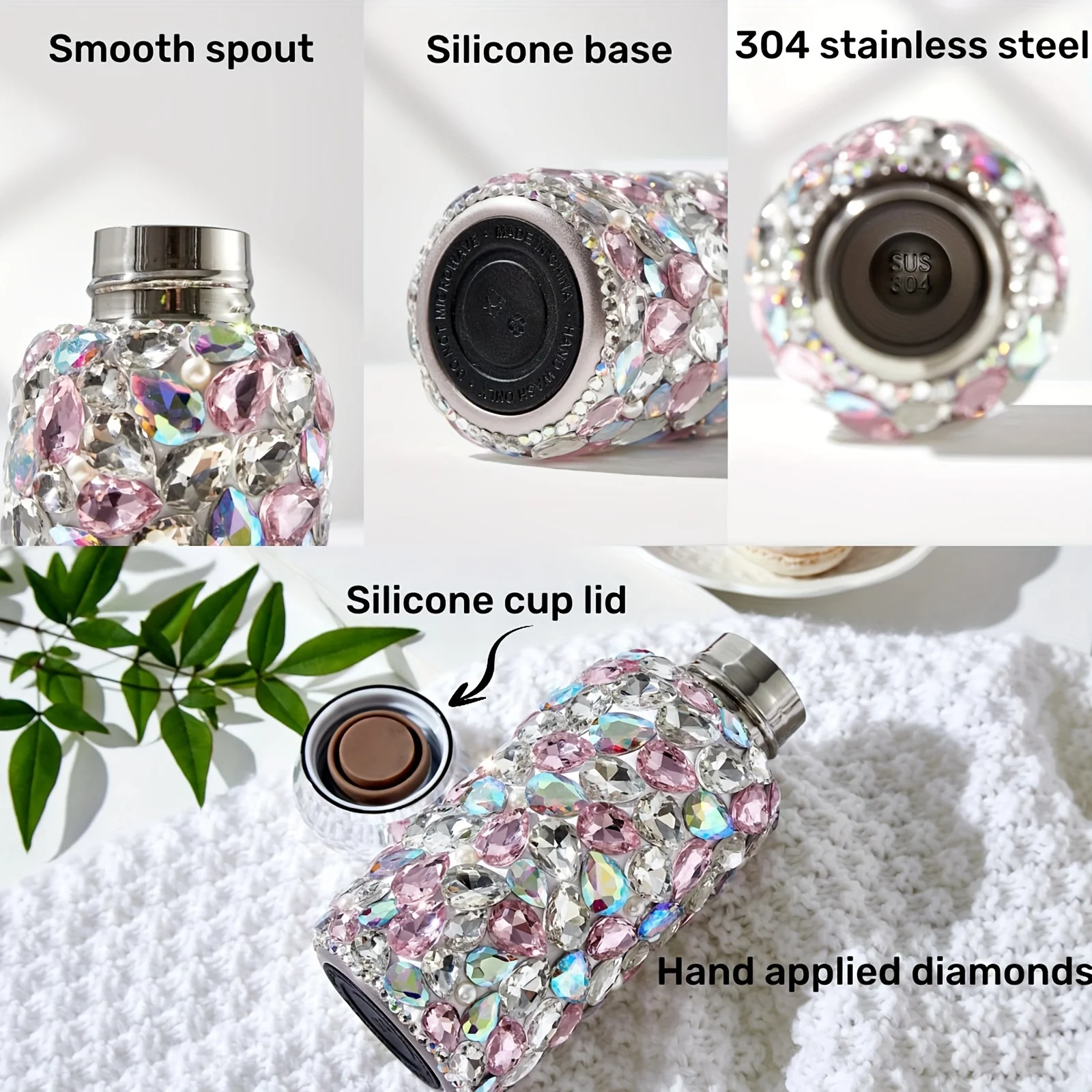 260ml/9oz Shiny Sparkling Studded Vacuum Flask, Insulated Water Bottles, Rhinestone Decor Thermal Cup, for Hot or Cold,girl Gift