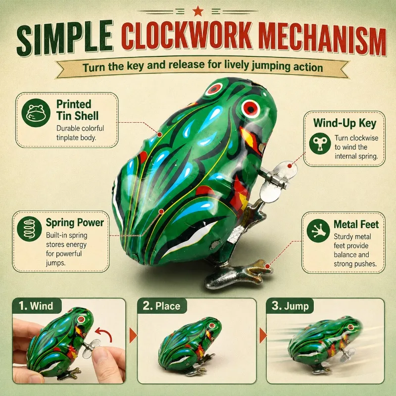 Nostalgic Clockwork Spring Tin Frog Wind‑Up Mechanical Toy Vintage Metal Craft for Party Favor Home Decor Collection