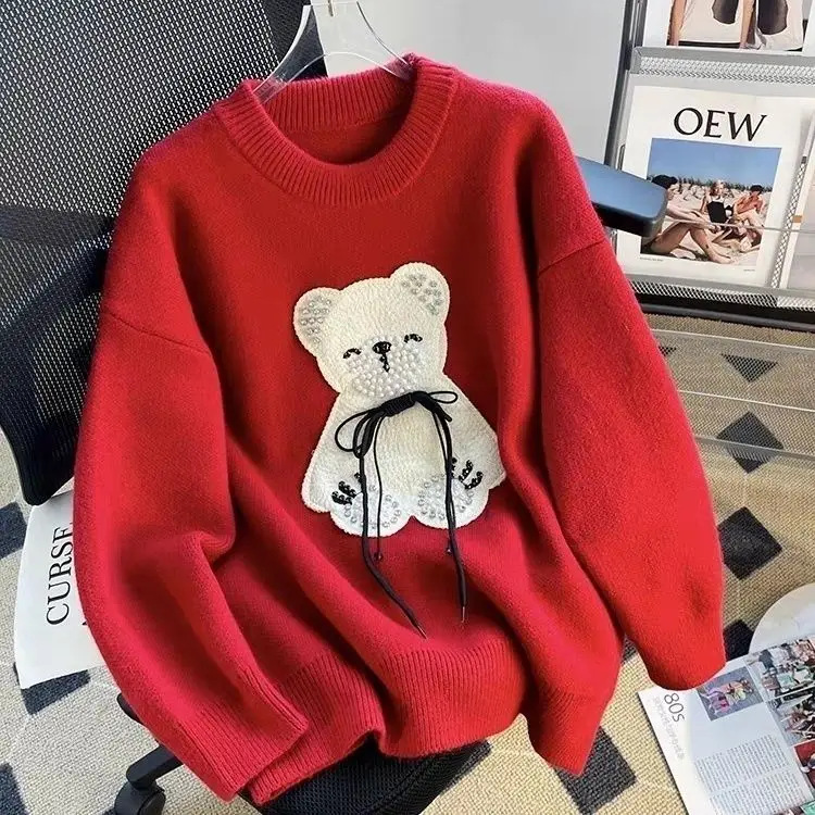 

New 2025 Autumn Winter Pullover Sweater Women Cashmere Knitwear Tops Bear Print Warm Pullovers Korean Fashion Chic Woman Clothes