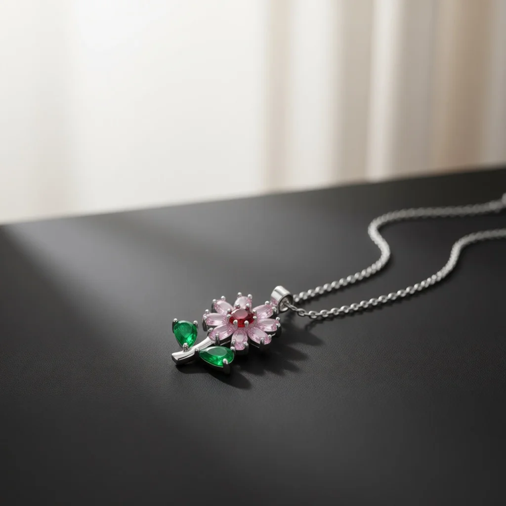Fresh Silver Copper Necklace, Flower Pendant, Pink Red Green Zircon, Crystal Petals, Cable Chain Jewelry for Daily Wear & Dating