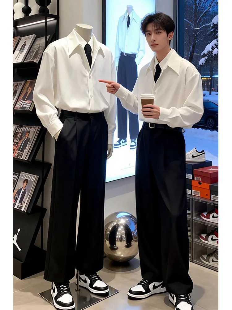 White Korean Style Men's Long Sleeve Shirt Commute Inner Wear Simple Style Shoulder Level Shirt Youth Popular Standard Fit