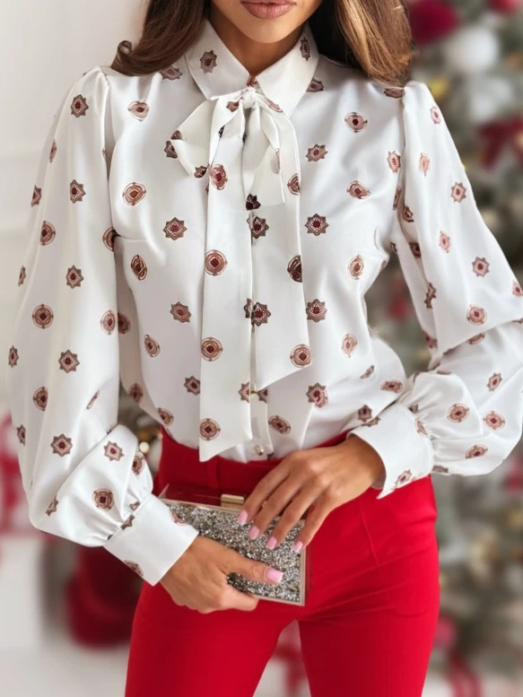 Vintage Elegant Women's Blouses Printed Long Sleeve Bow Tie Shirt Loose Temperament Commuting Women's Elegant Fashion Blouses