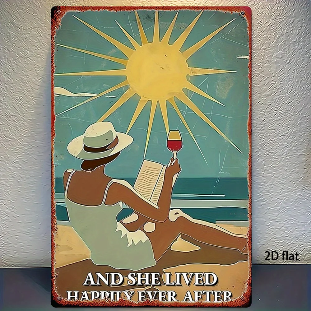 2D-Platte, 1 Pièce, Panneau Pinterlique, Dame de lecture de plage et Peinture en étain de Vin Rouge, Bild und Fer Blanc 8x12 Pou