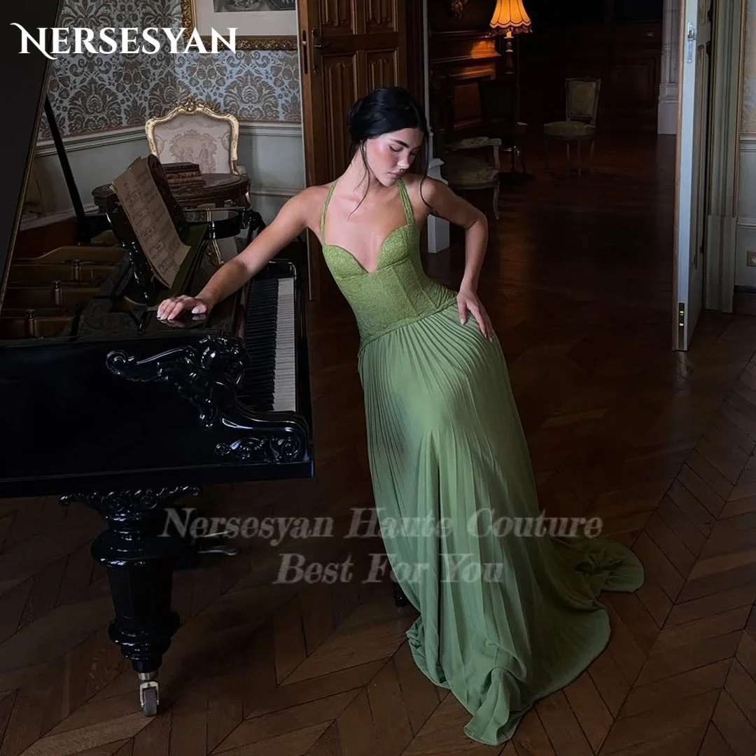 Nersesyan Sage Green Lace Prom Dresses off Shoulder Pleated Formal Evening Dresses Halter Appliques Women Party Gowns Customized