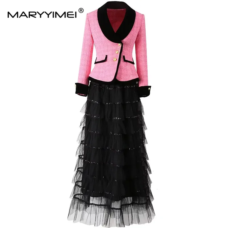 MARYYIMEI Autumn and winter Women's Suit Long-Sleeved Single-breasted Short Coat+Mesh Sequins`Ruffles Skirt 2 piece set