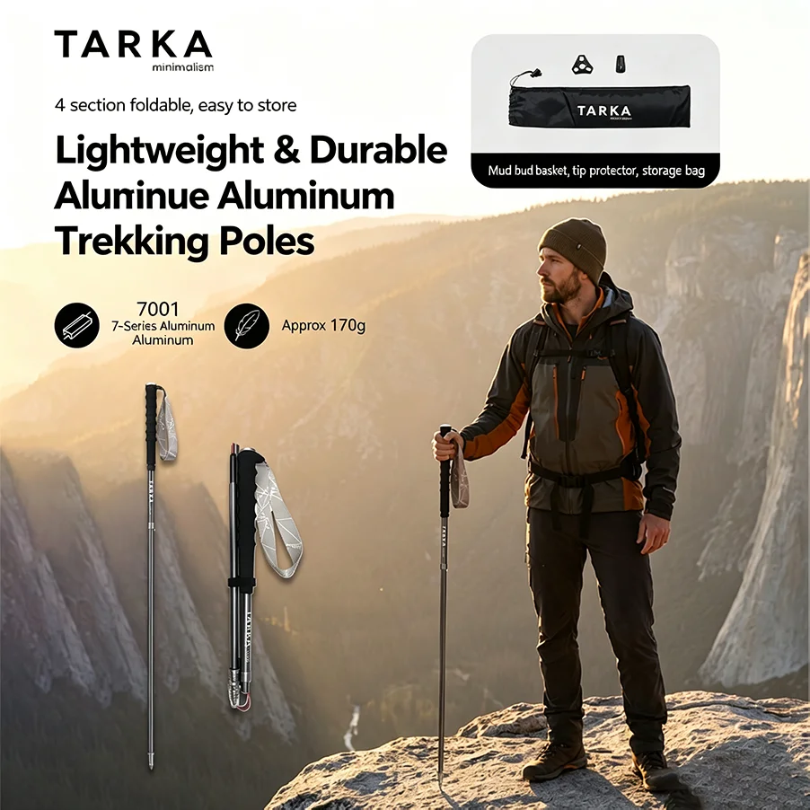 TARKA TK-Y01 7001 Al Ultralight Foldable Trek Pole with 1/4 Screw Action Cam Mount Mud Basket Tip Protector Bag