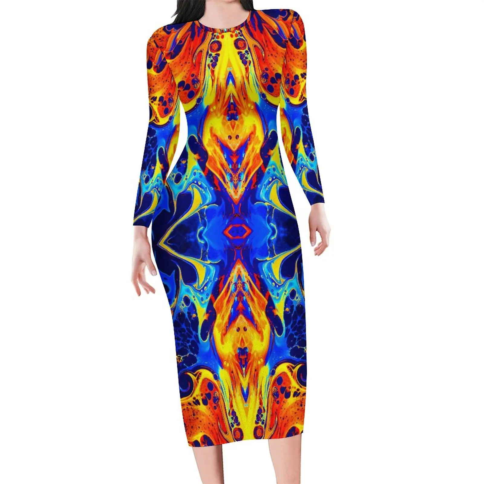 Neon Paint Print Dress Ladies Colorful Swirling Aesthetic Bodycon Dress Spring Long Sleeve Cute Dresses Graphic Big Size Clothes