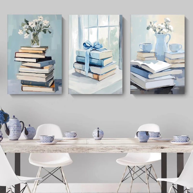 Book Lover Print Poster Stack of Books Bookworm Pastel Canvas Painting Trendy Wall Art Apartment Aesthetic Study Room Home De - view 2