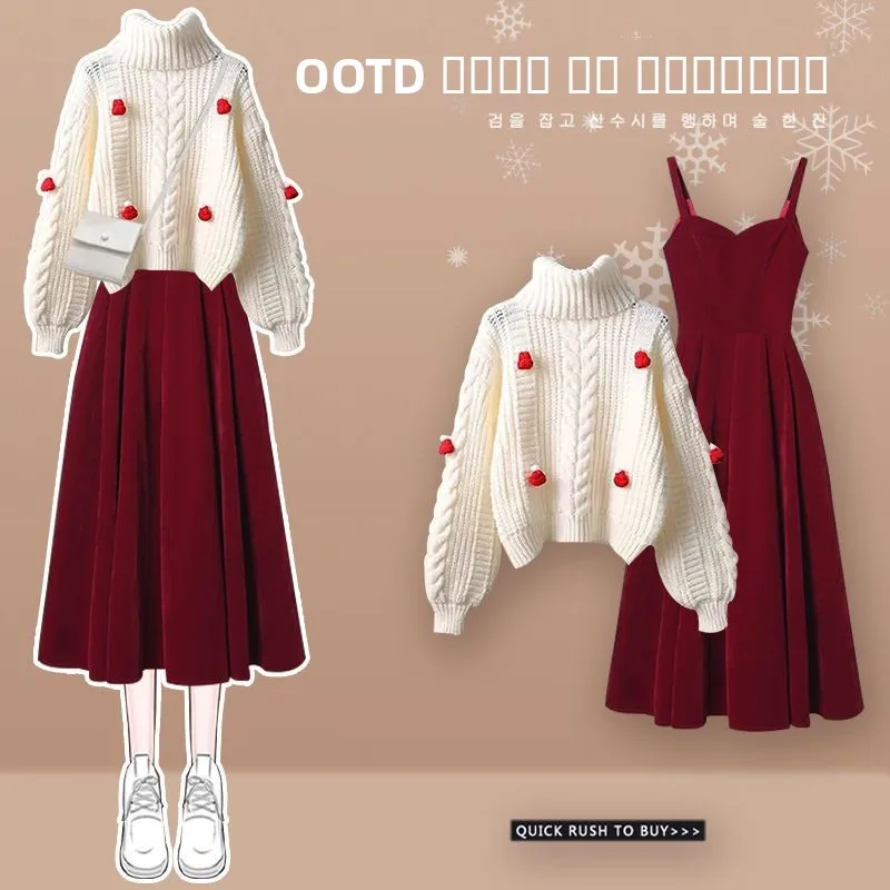 

Модный вязаный комплект из двух предметов: платье-свитер с высоким воротником для женщин, осенне-зимний сезон, стильный дизайн, универсальный образ для дам