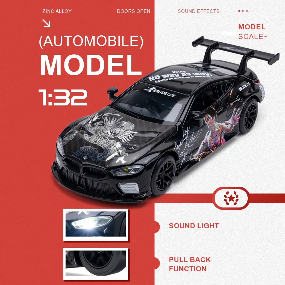 

1:32 Model Toy BMW M8 GTE Audi R8 LMS GT3 Sports Cars Metal Diecast Sound Light Pull Back Doors Opened Boys Supercar Toys Gifts