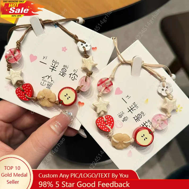 

Handmade Ceramic Apple Bracelet Adjustable Woven Cord Cartoon Beads Bangles For Women Gifts Jewelry Accessories Pulsera Mujer