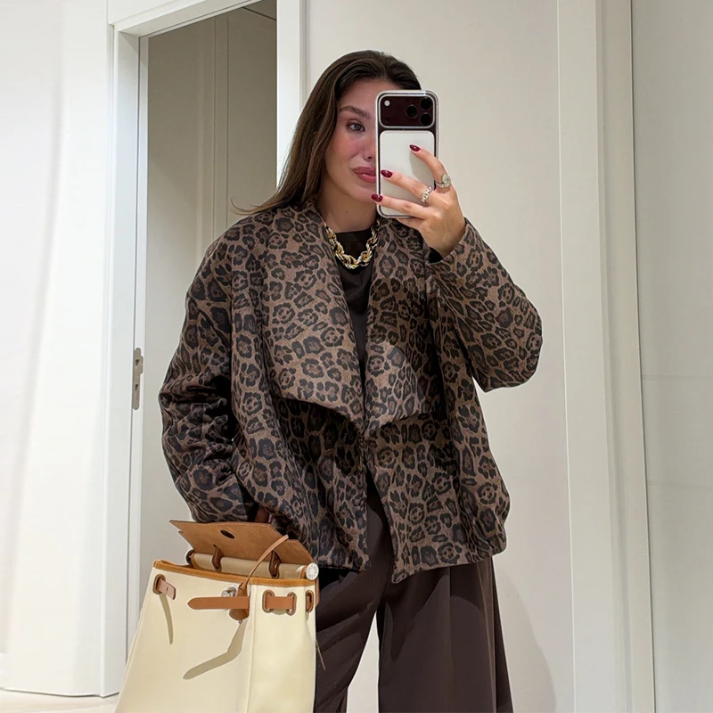 Oversize-Mäntel für Damen, Leopardenmuster, große Revers, langärmlige Jacken, Herbst, weibliche, panelierte, lockere Jacke, schicke neue Oberbekleidung – Detail 3
