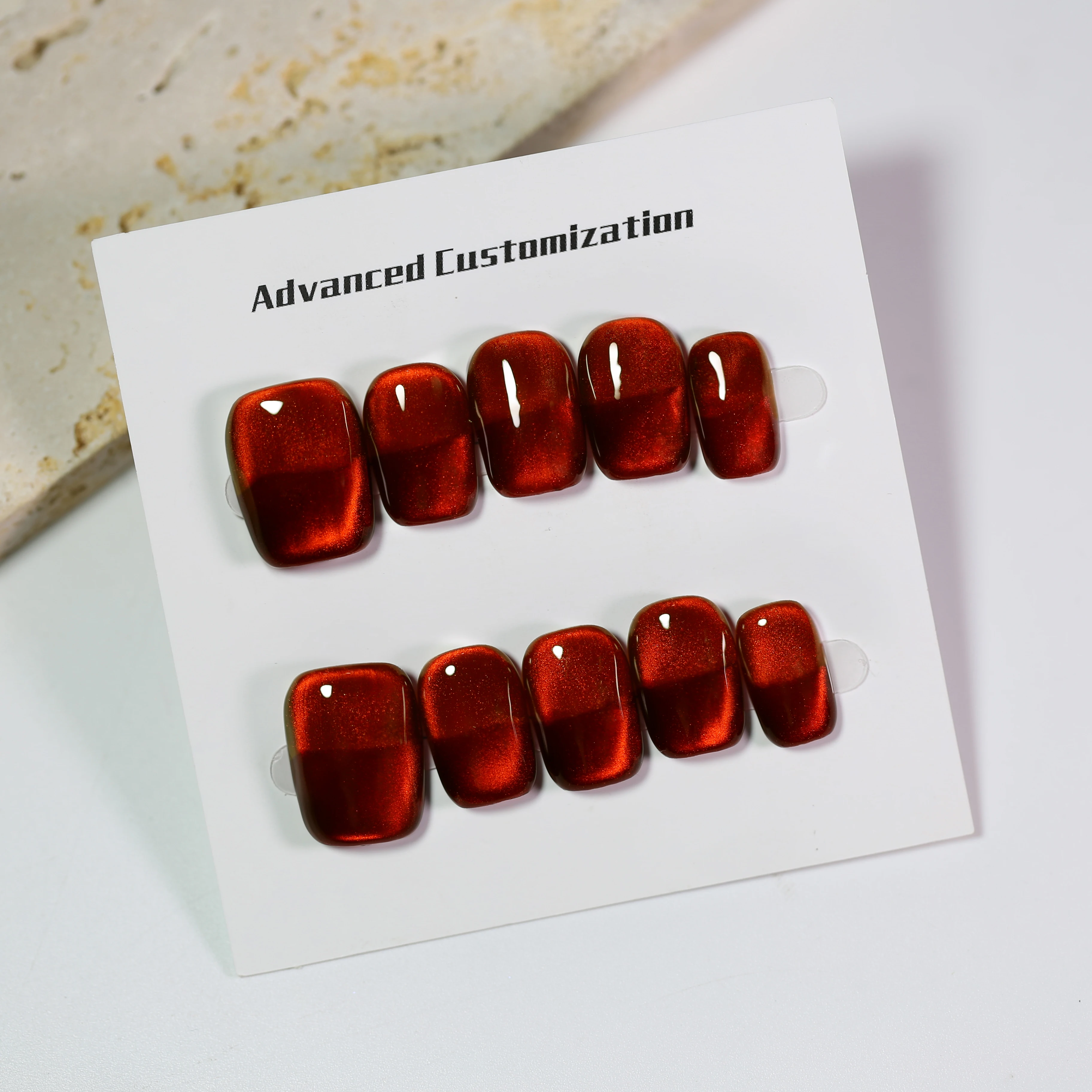 

Handmade Press On Nails Red Cat's Eye Fake Nails Crystal Flash Glass Beads Wearable Short False Nails Manicure 10pcs/set