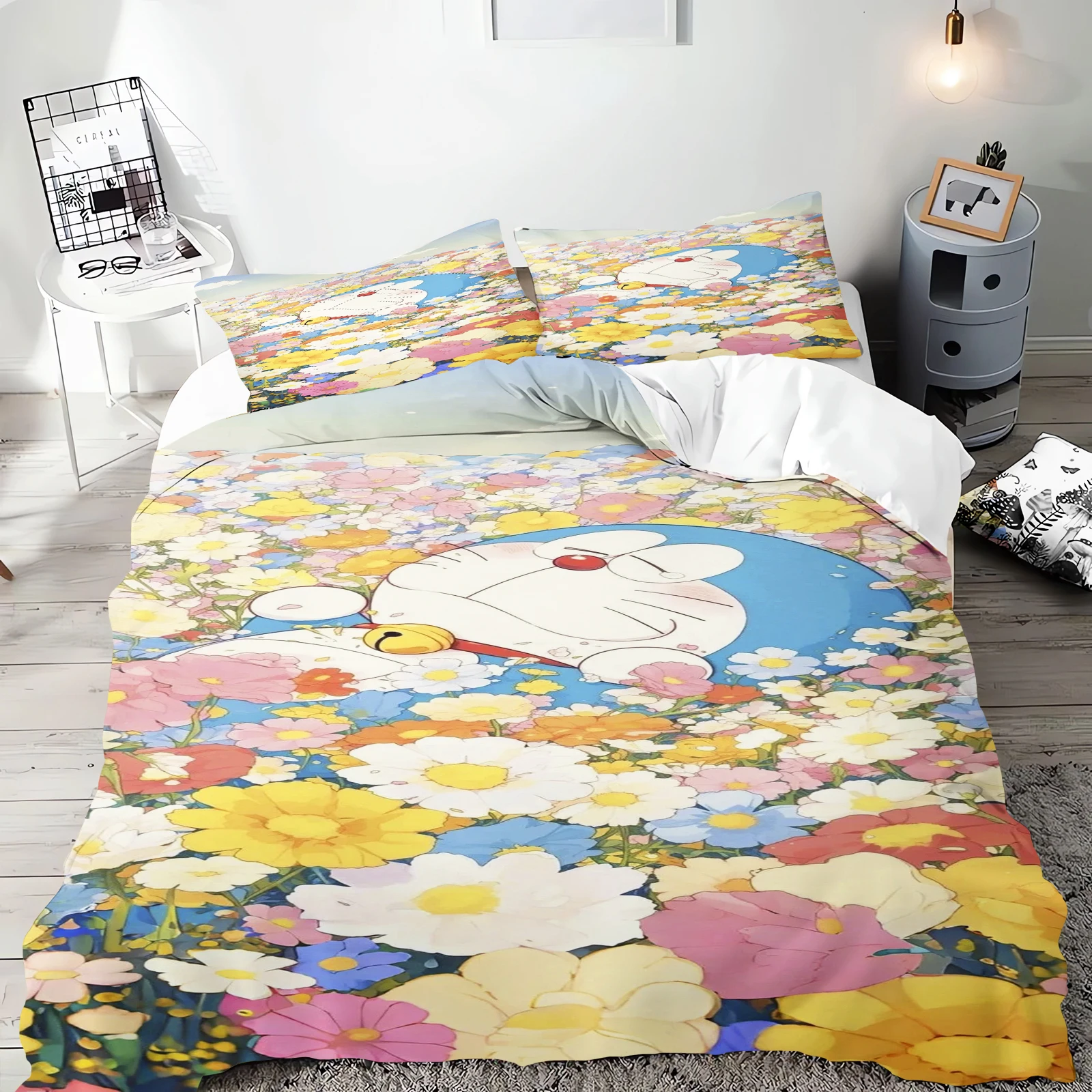 Cartoon Quilt Cover Blue Cat Bedding Set Home for Teen Children Bedroom Polyester Various Sizes Decor Soft Comfortable Baby