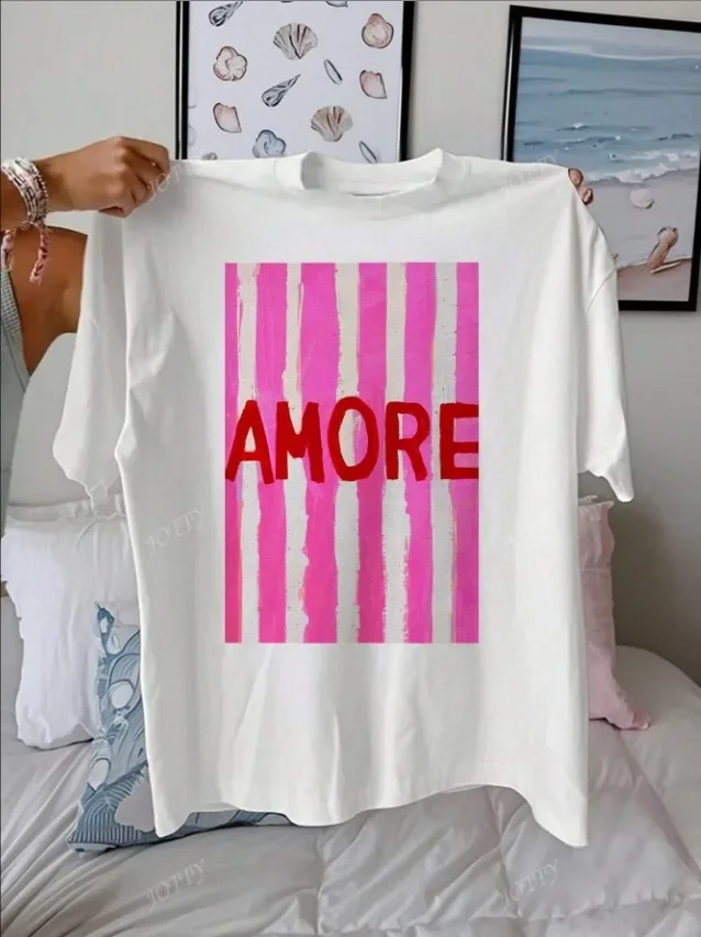 

AMORE Striped Art Pattern Summer Outfits Women Casual Round Neck Short Sleeve Female T-Shirt Tops