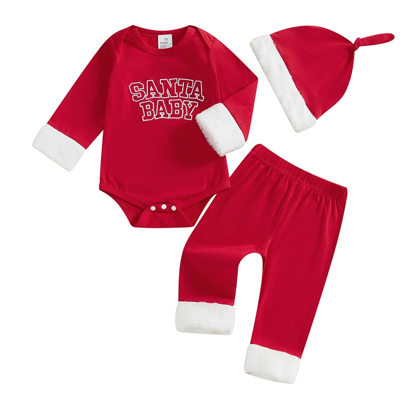 Baby Boy Christmas Outfit Letter Print Long Sleeve Rompers and Elastic Pants Santa Hat Set Spring 3 Piece Clothes