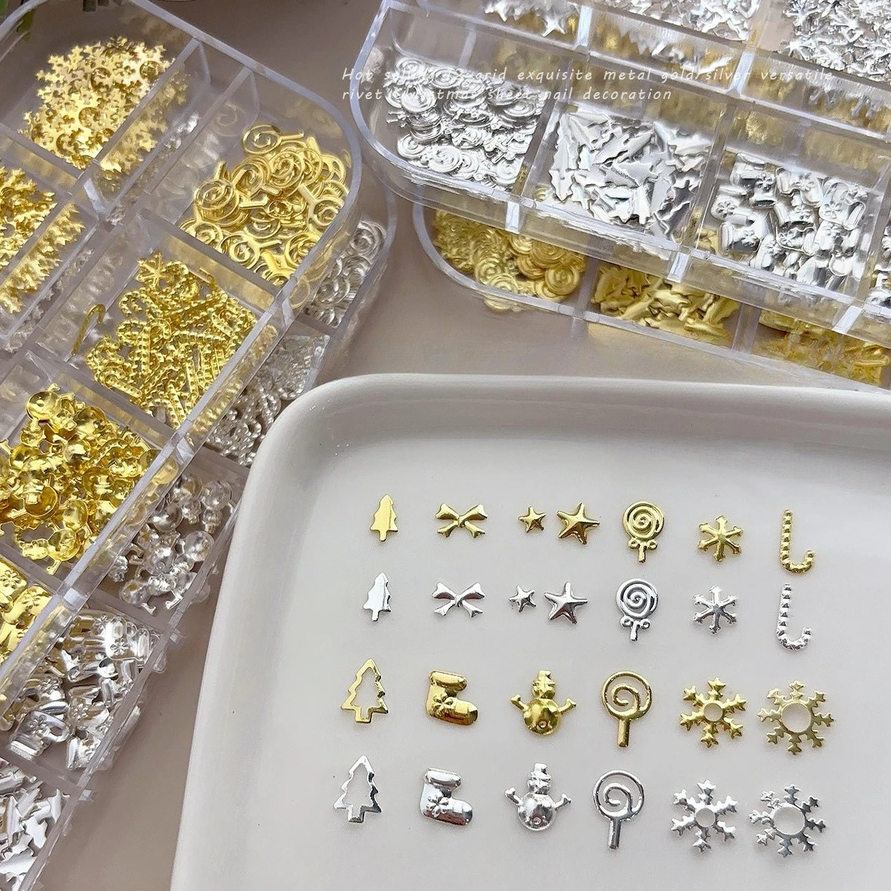 Metal Christmas Snowflakes Rivet Star Strawberry Cherry Flowers Bowknot Ribbon Pearl Ball Nail Art Accessories Decorations Tools - Image 2