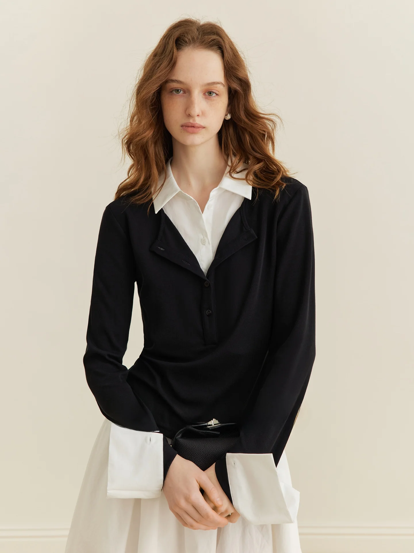 

Ele Long Sve Women's irt Commute Slim Fit Design False Two-Piece Sle Spring Faion Top AEL Original Creation