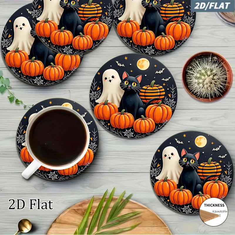 6pcs 2D Suitable for Halloween Spooky Cat Pumpkin Coasters ProtectorsDining Table, Wood Coasters Suitable for Home Gifts