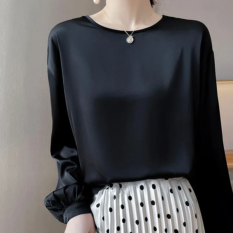 2025 Spring New Retro Long-sleeved Women's Satin Shirt Top Women Temperament Blouse Ice Silky Blouse Women