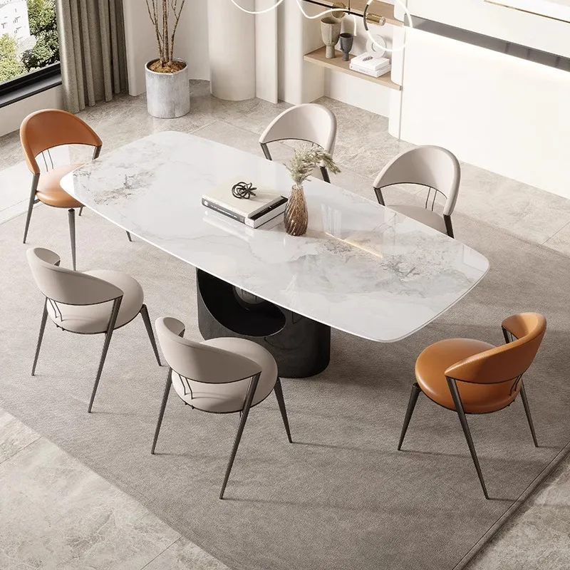 Italian light luxury rock slab dining table household small apartment rectangular dining table stainless steel high-end fashion