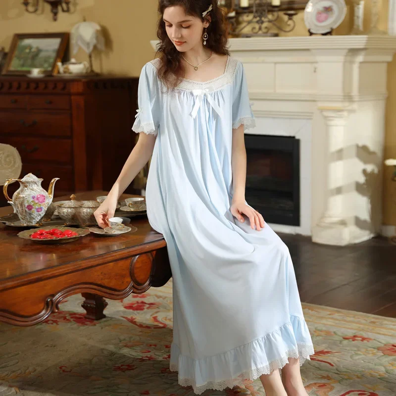 

Pure Cotton Victorian Night Dress Women White Short Sleeve Sexy Lace Ruffle Nighty Peignoir Vintage Nightgown Princess Sleepwear