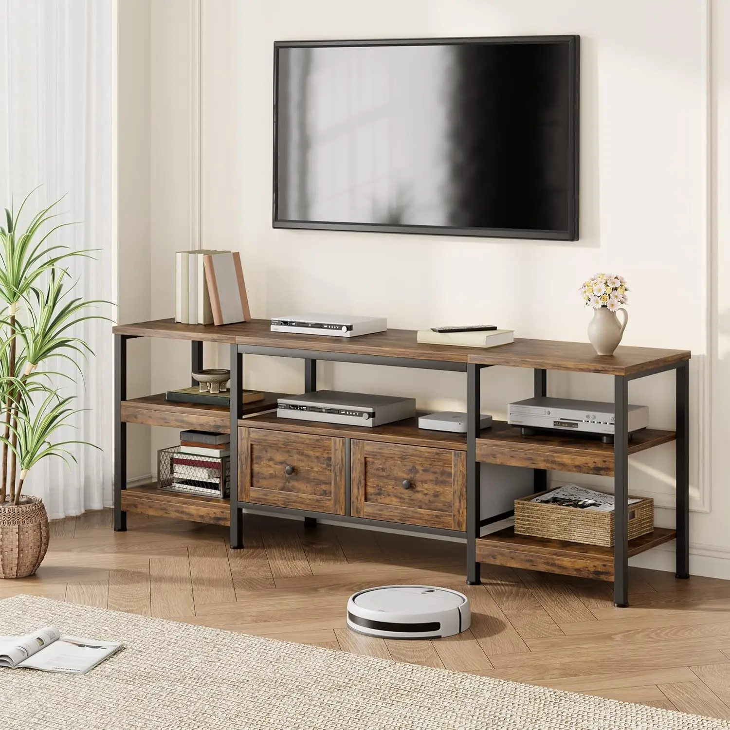 Rustikaler TV-Ständer mit 2 Schubladen, Entertainment-Center für Fernseher bis zu 85 Zoll, Medien-Konsolentisch im rustikalen Stil mit Ablagefach