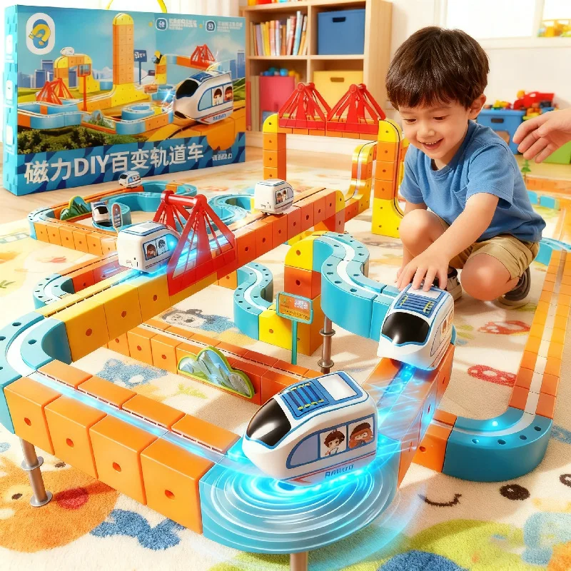 

Hot Selling Magnetic Car Stem Racing Car Railtrack Set Montessori Motorized Train & Gravity Maze Toy Educational Gift For Kids