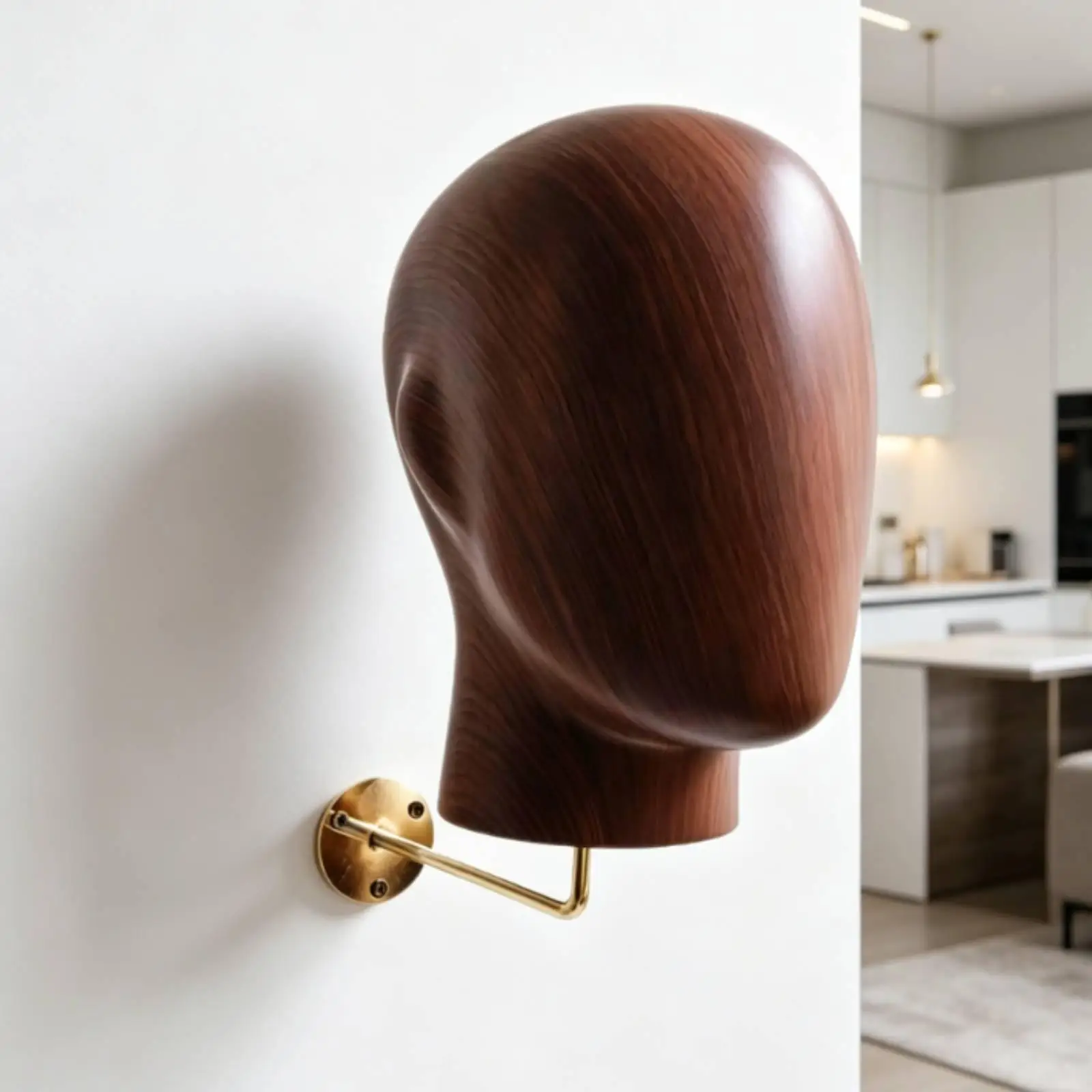 Wall-mounted mannequin head in wood look, mounted on a round base